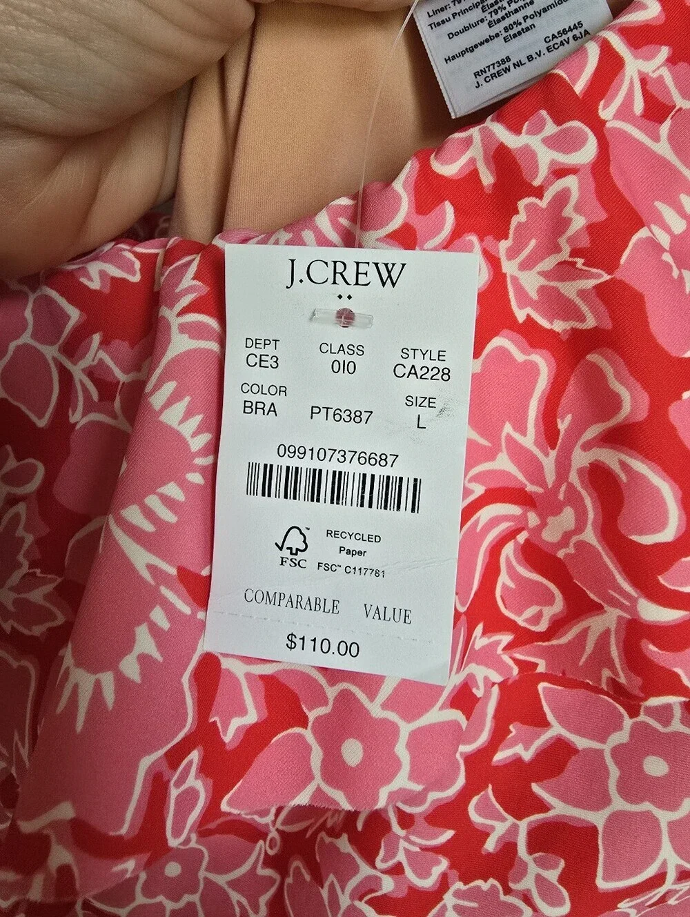 J. Crew NEW One Shoulder Ruffle One Piece Pink Red Floral Swimsuit SZ Large Chic